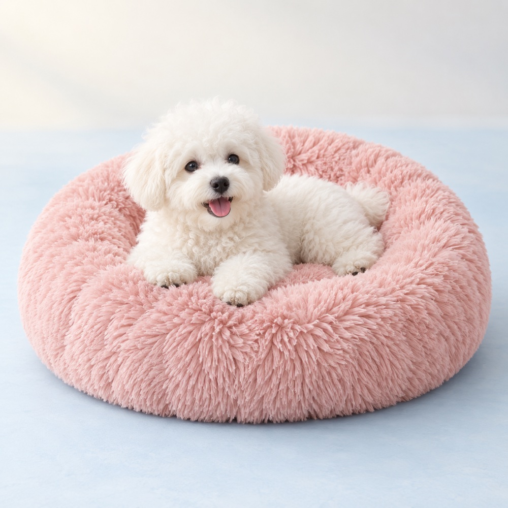 Pink Donut Bed with a cute puppy, illustrative photo