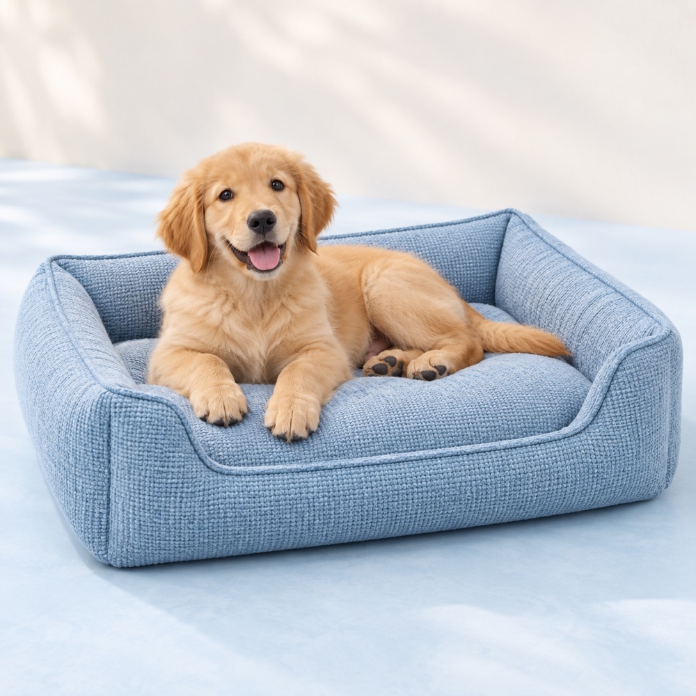 Blue Bolster Sofa with a cute puppy, illustrative photo