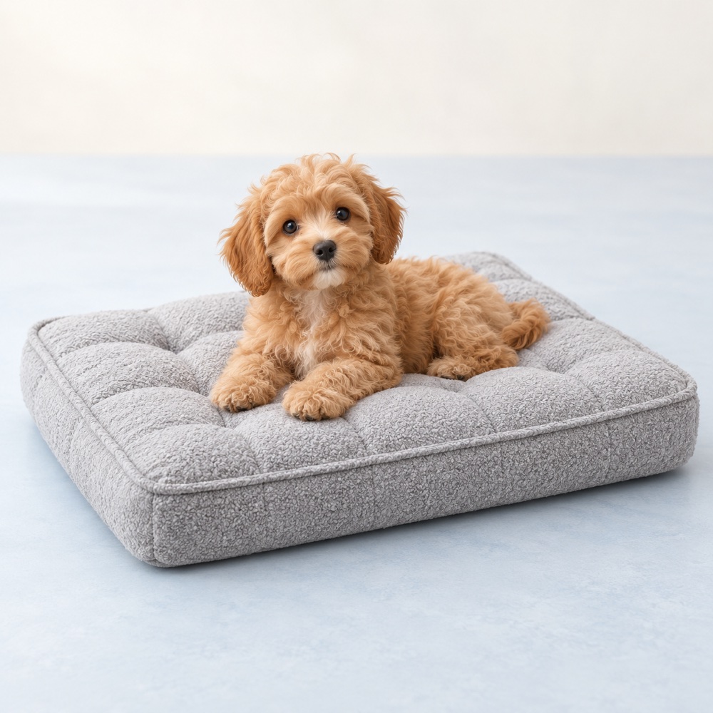 Gray Cushion Bed with a cute puppy, illustrative photo