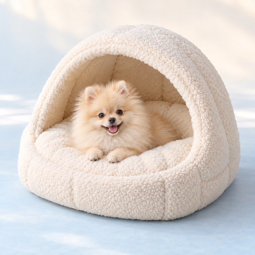 Cream Cave Bed with a cute puppy, illustrative photo