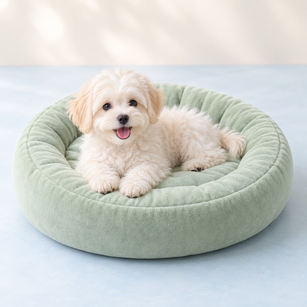 Mint Round Bed with a cute puppy, illustrative photo