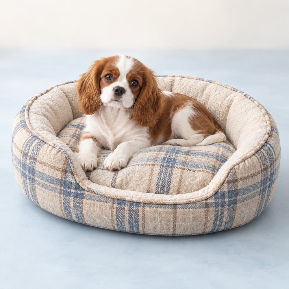 Plaid Nest Bed with a cute puppy, illustrative photo