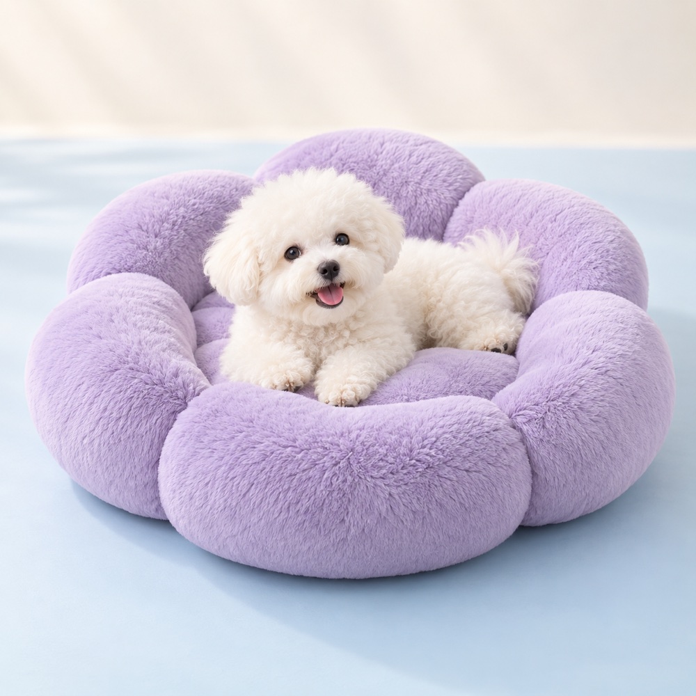 Lilac Flower Bed with a cute puppy, illustrative photo