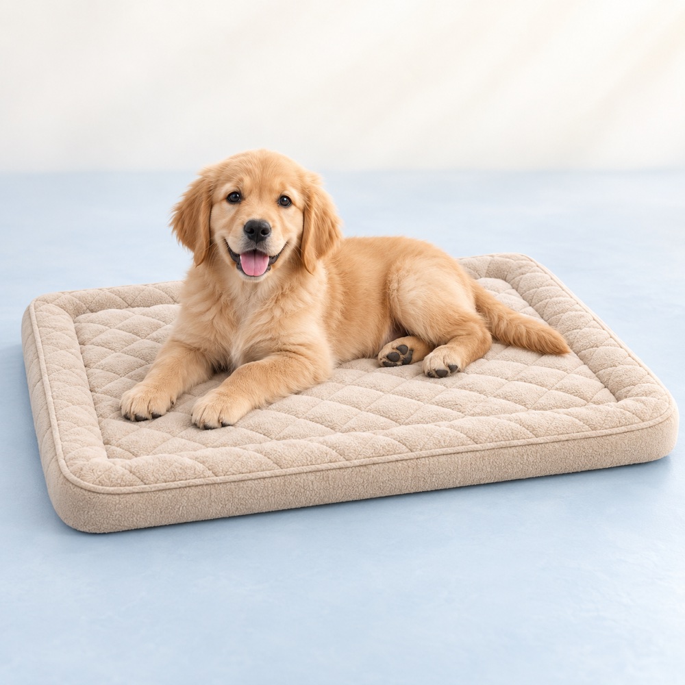 Beige Quilted Mat with a cute puppy, illustrative photo