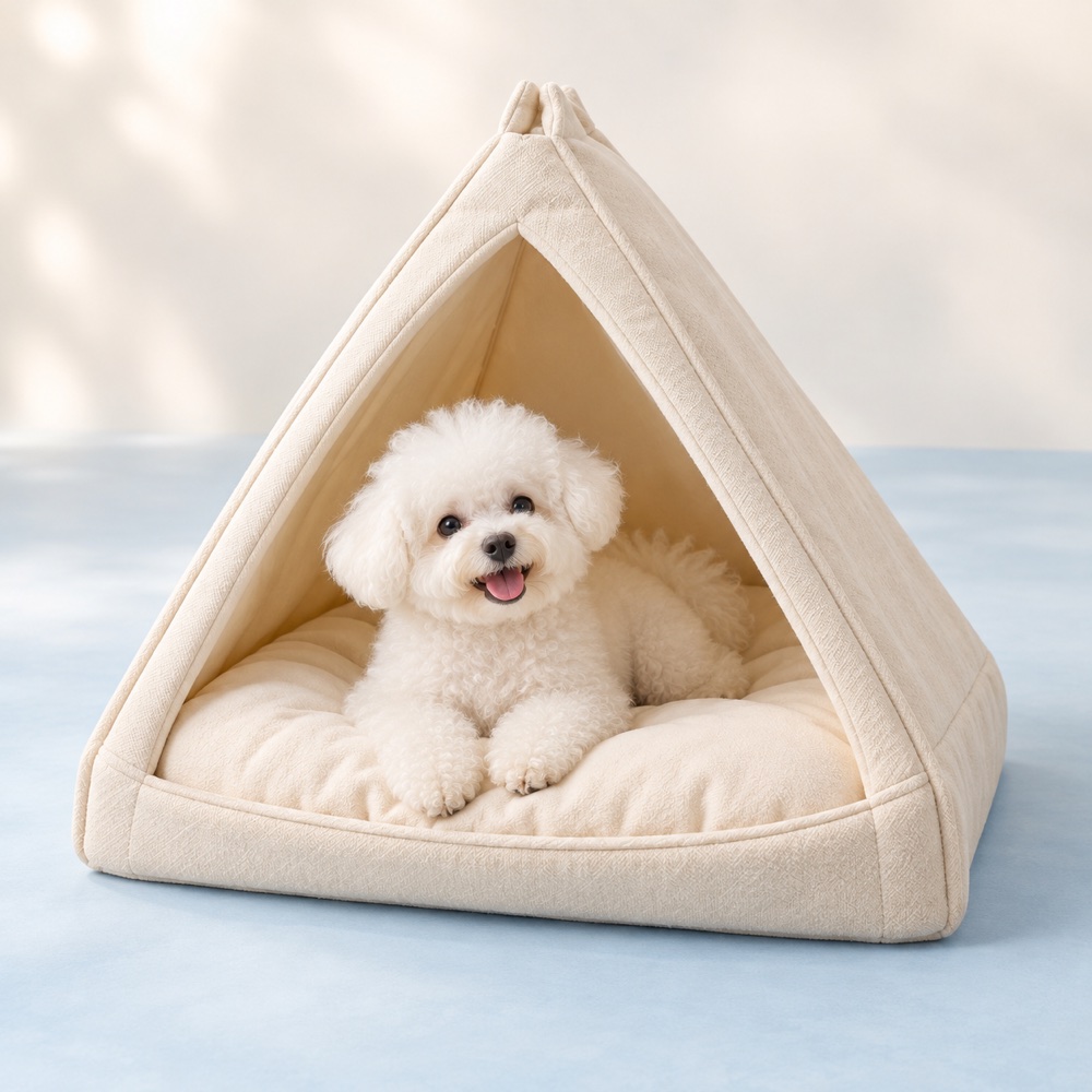 Cream Tent Bed with a cute puppy, illustrative photo