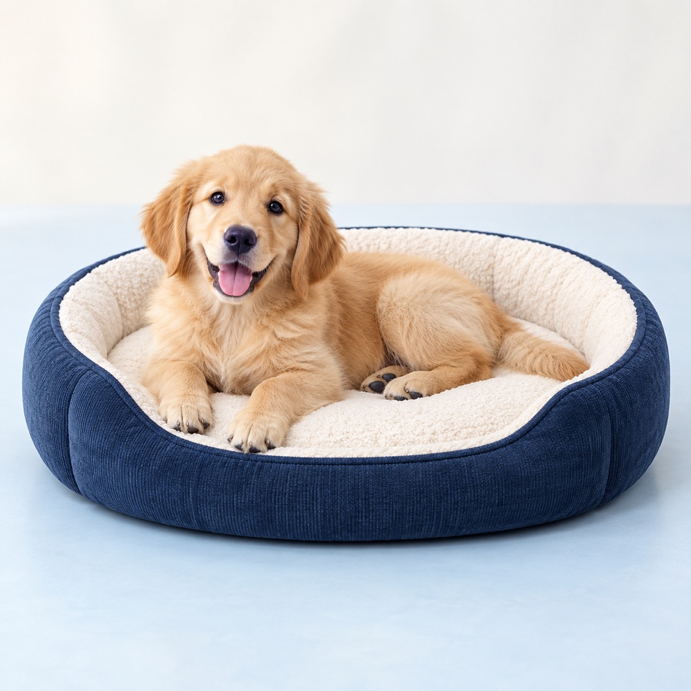 Navy Oval Bed with a cute puppy, illustrative photo