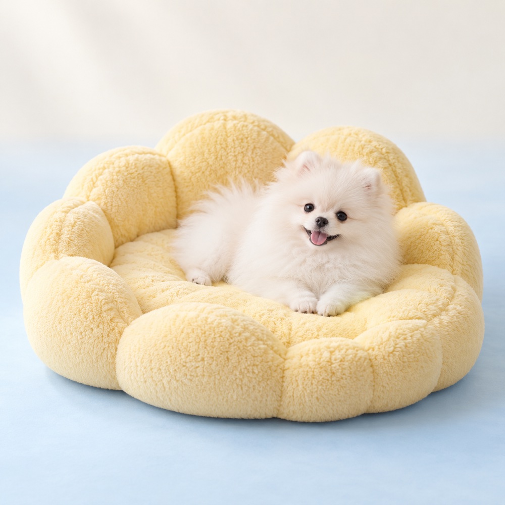 Yellow Cloud Bed with a cute puppy, illustrative photo