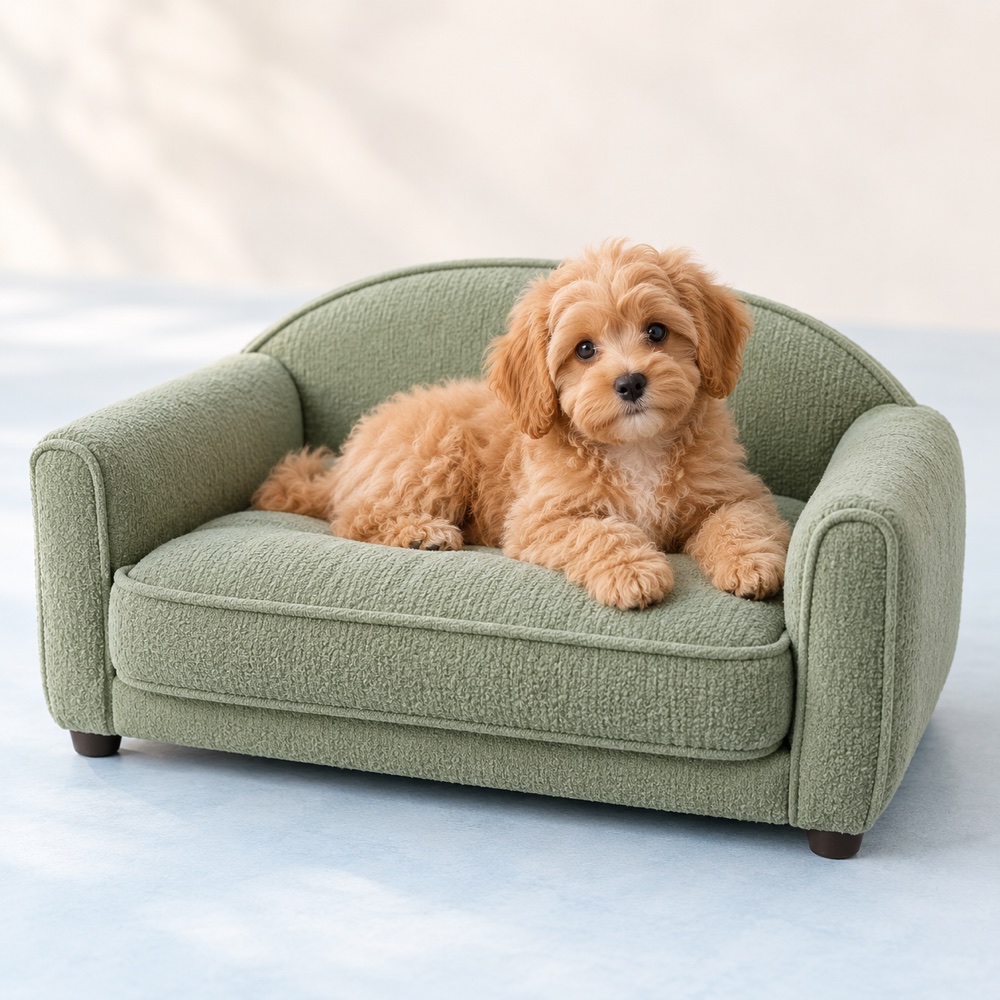 Sage Sofa Bed with a cute puppy, illustrative photo
