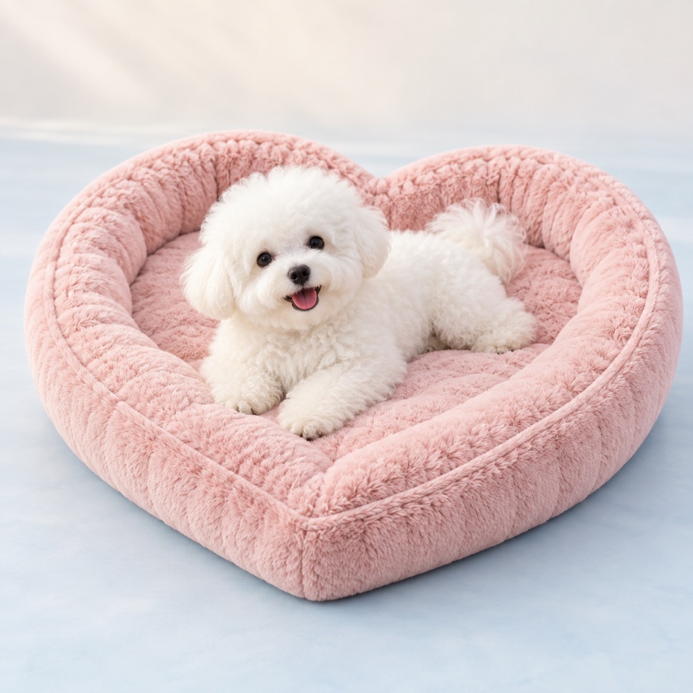 Pink Heart Bed with a cute puppy, illustrative photo
