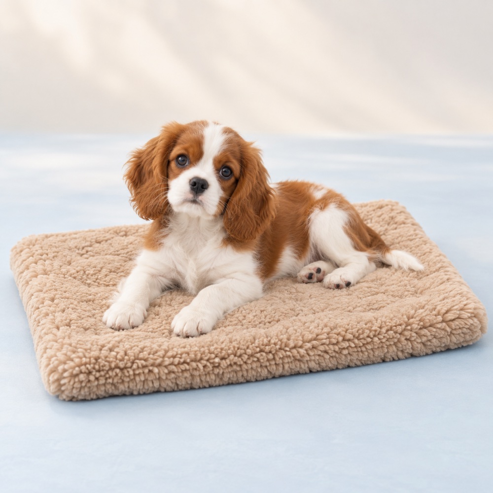 Tan Fleece-Style Mat with a cute puppy, illustrative photo