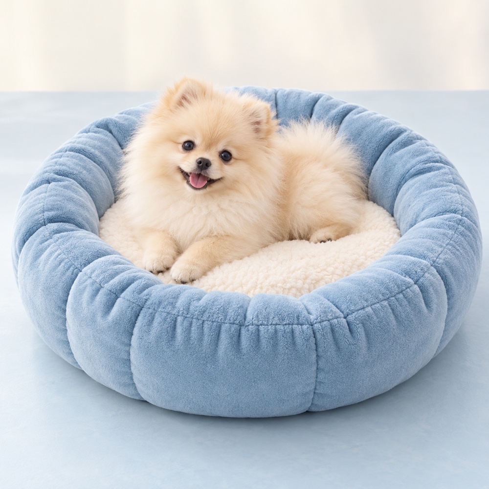 Sky-Blue Nest Bed with a cute puppy, illustrative photo