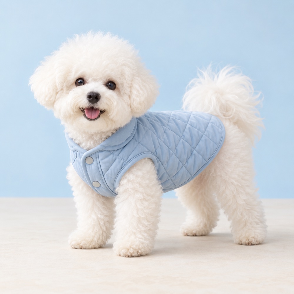 Blue quilted jacket worn by a cute puppy, illustrative photo