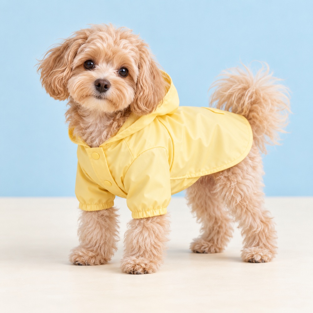 Yellow raincoat worn by a cute puppy, illustrative photo