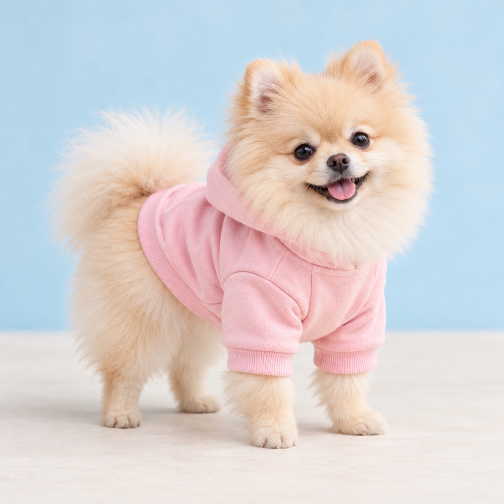 Pink hoodie worn by a cute puppy, illustrative photo