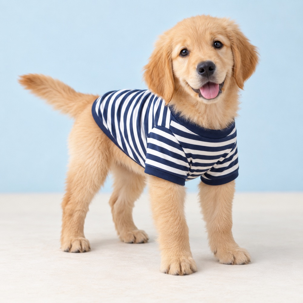 Navy striped T-shirt worn by a cute puppy, illustrative photo