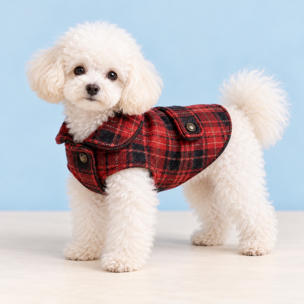 Red plaid coat worn by a cute puppy, illustrative photo