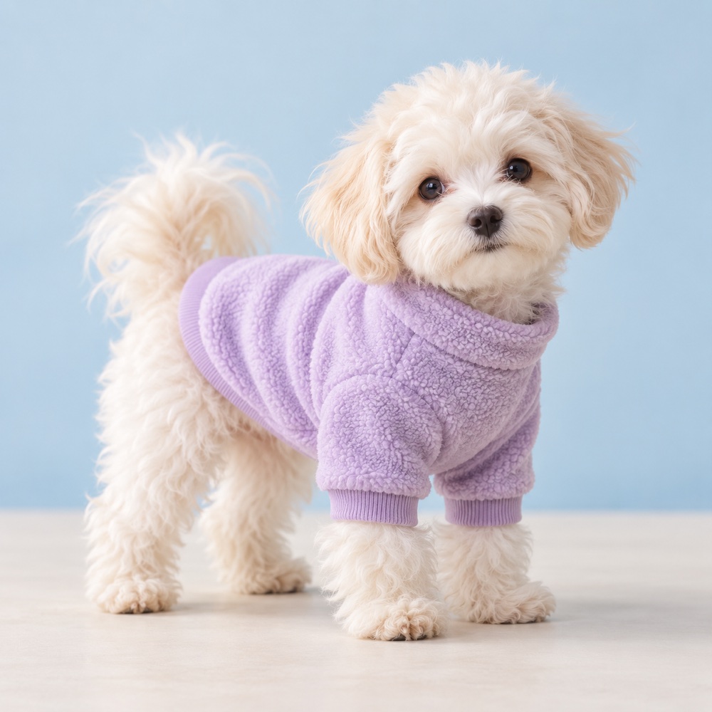 Lilac fleece worn by a cute puppy, illustrative photo