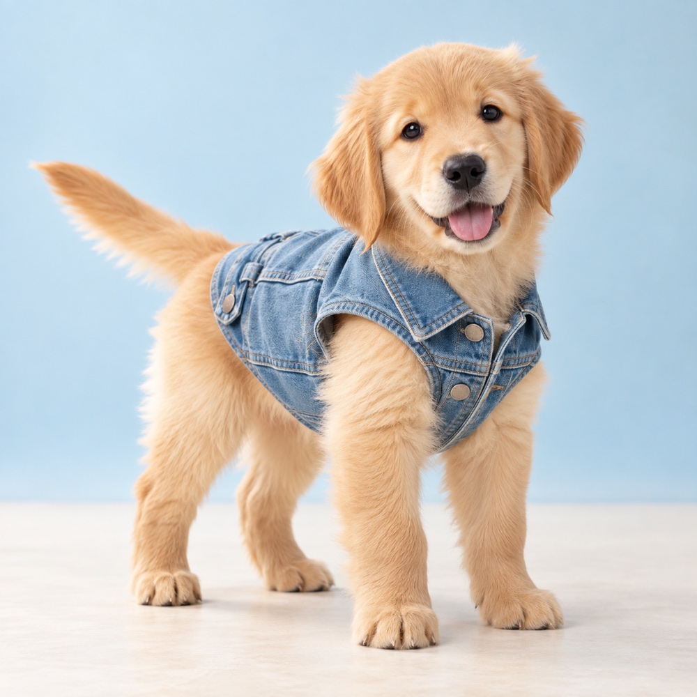 Denim vest worn by a cute puppy, illustrative photo