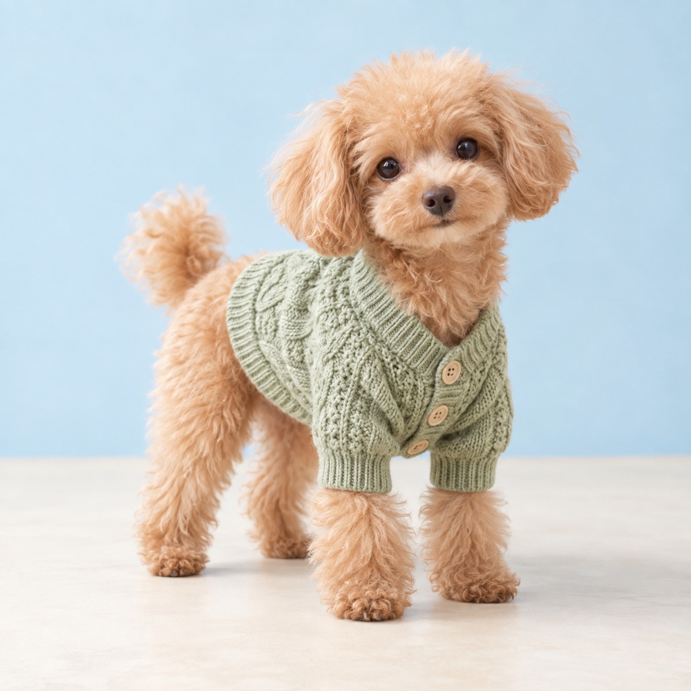 Green knit cardigan worn by a cute puppy, illustrative photo