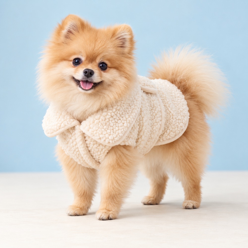 Cream sherpa coat worn by a cute puppy, illustrative photo