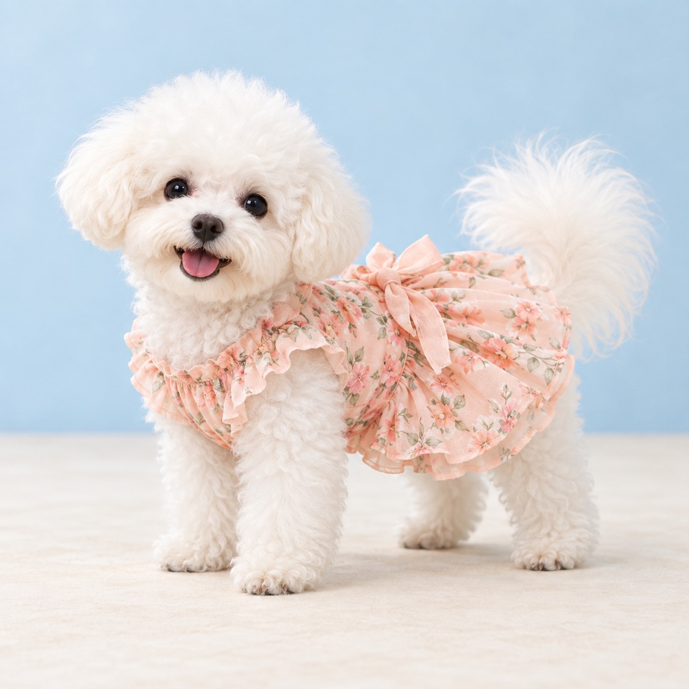 Peach floral dress worn by a cute puppy, illustrative photo