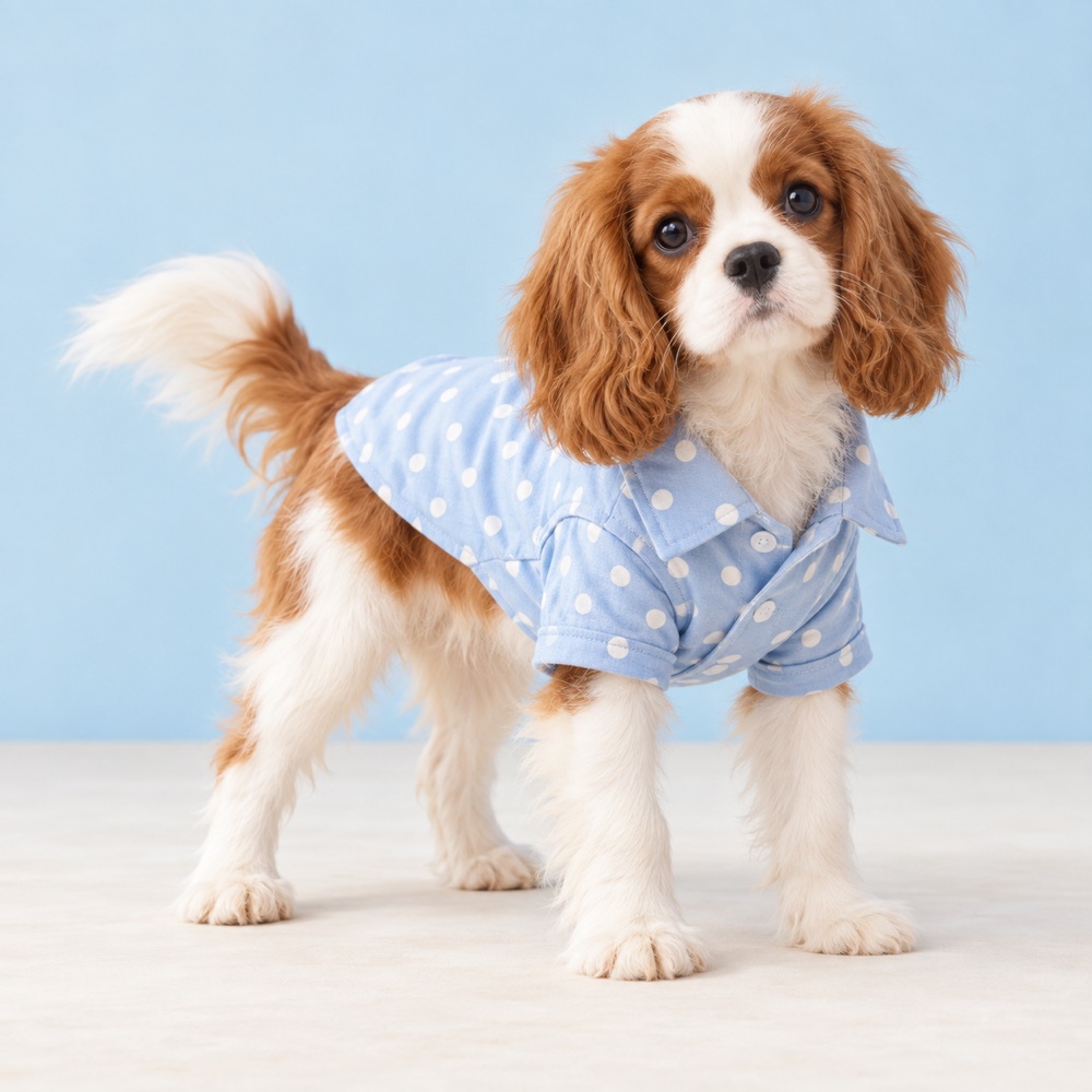 Blue polka-dot shirt worn by a cute puppy, illustrative photo