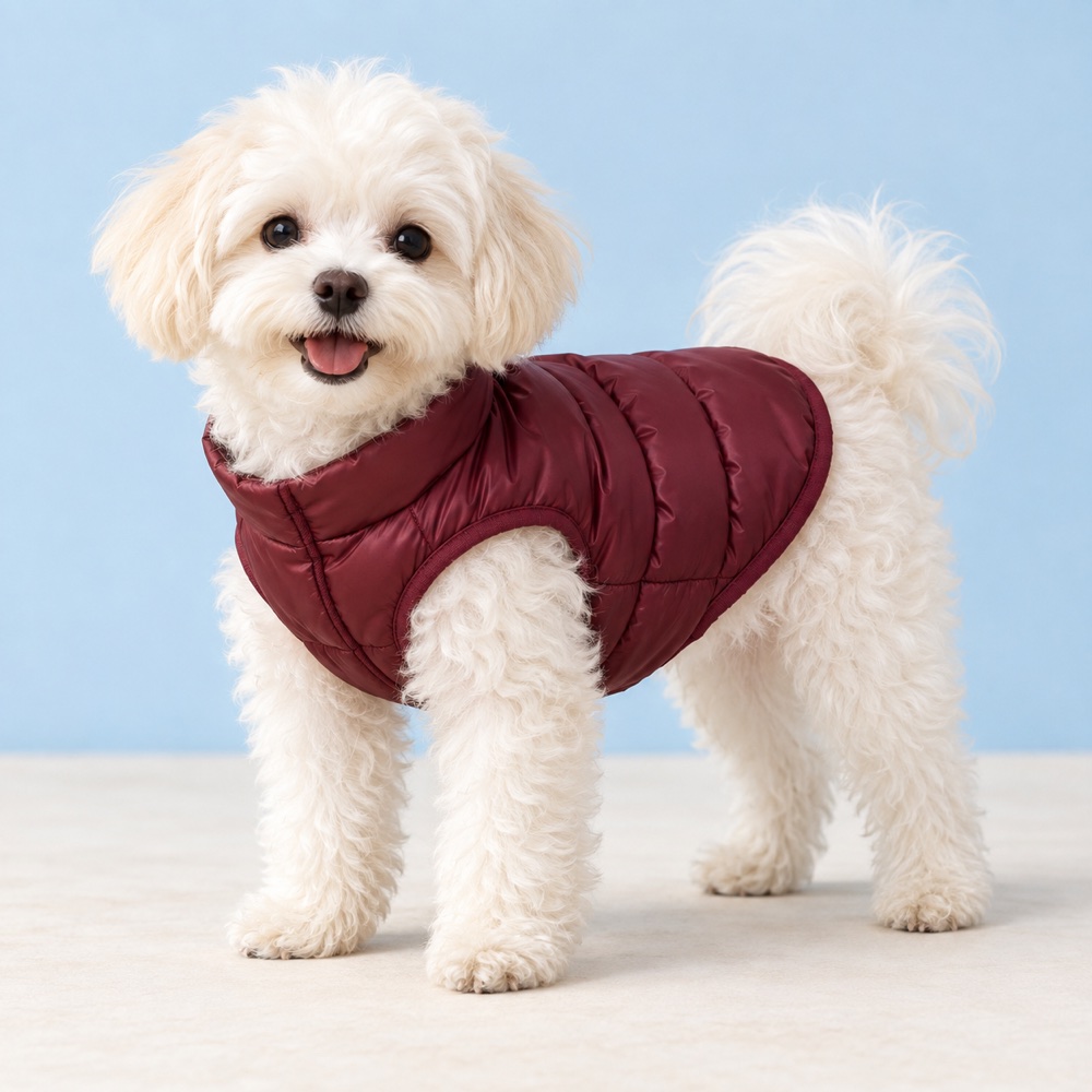 Burgundy puffer vest worn by a cute puppy, illustrative photo