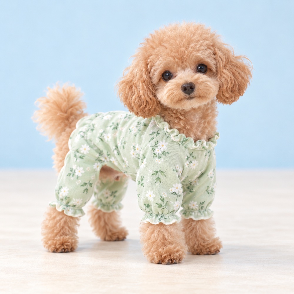 Mint pajamas worn by a cute puppy, illustrative photo