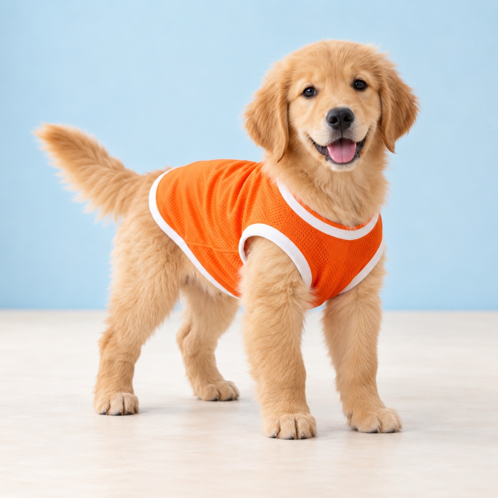 Orange sport jersey worn by a cute puppy, illustrative photo