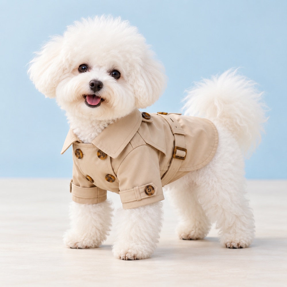 Beige trench coat worn by a cute puppy, illustrative photo