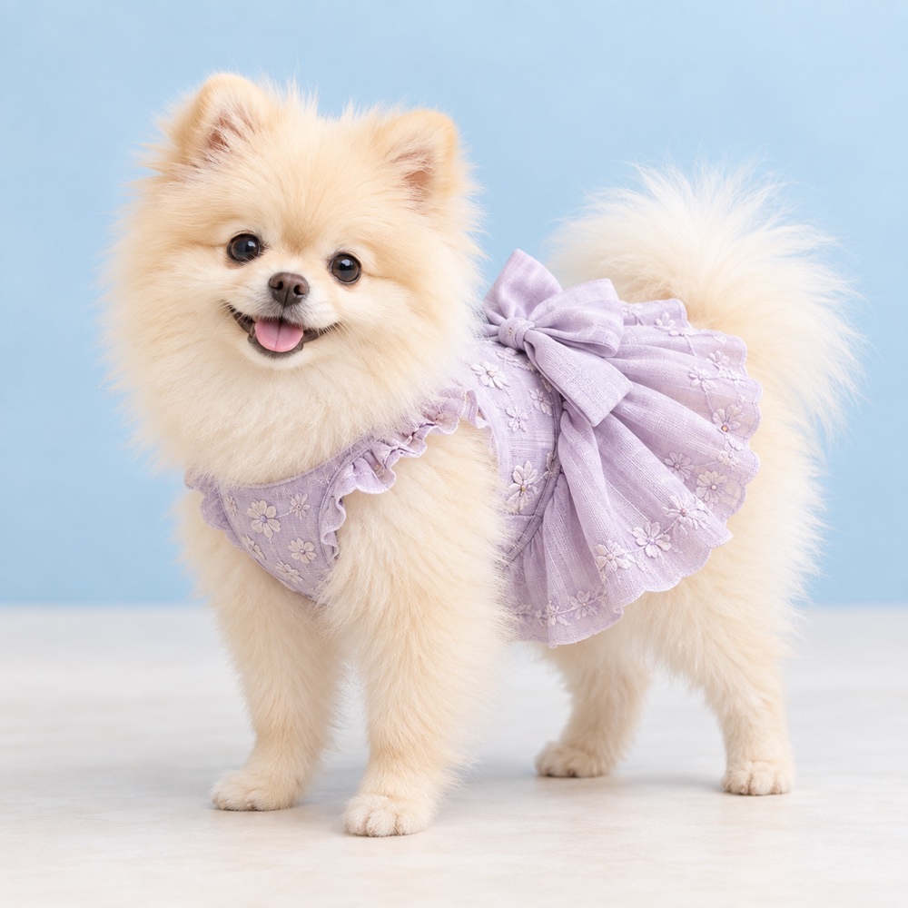 Lavender bow dress worn by a cute puppy, illustrative photo