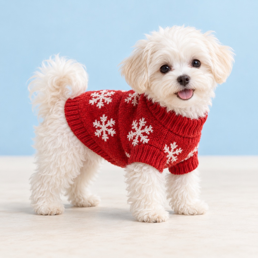 Red festive knit sweater worn by a cute puppy, illustrative photo