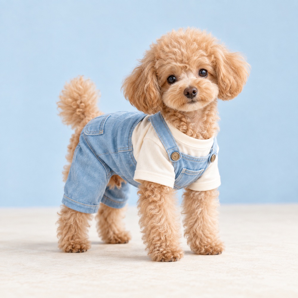 Sky-blue overalls worn by a cute puppy, illustrative photo