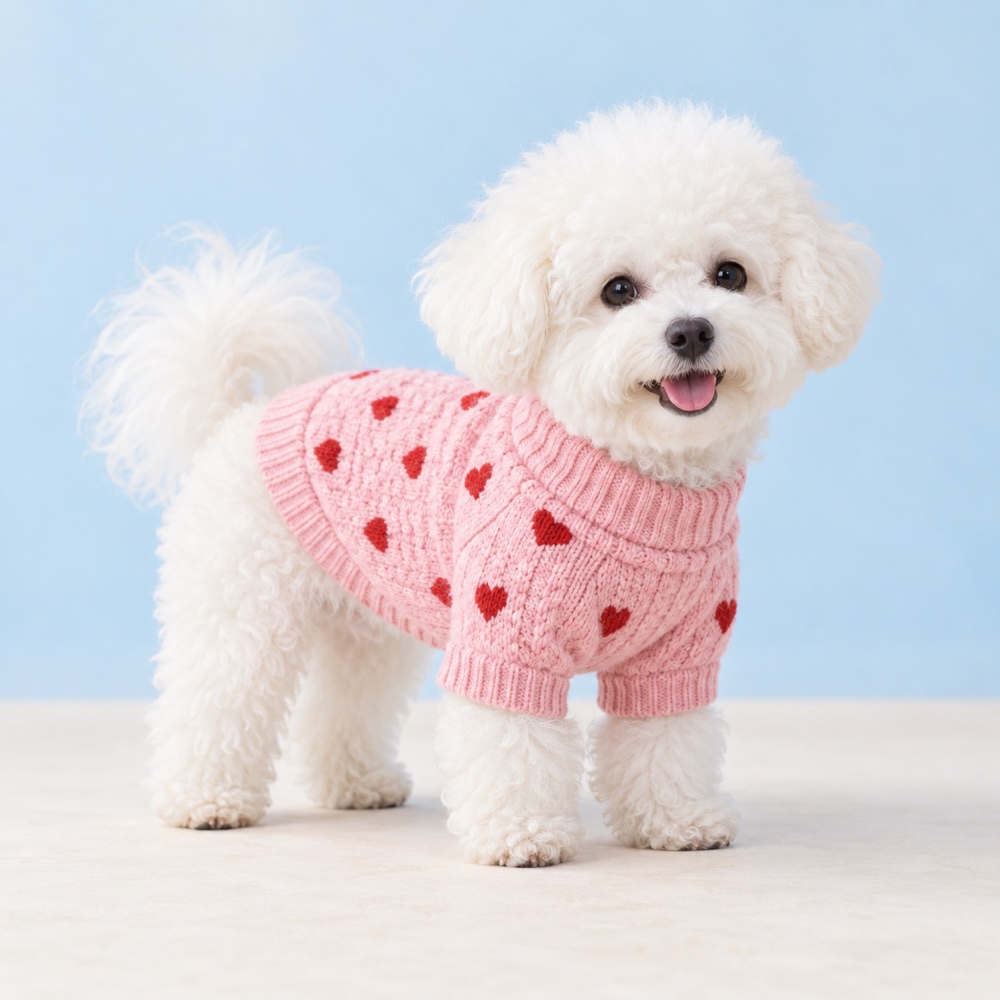 Pink heart sweater worn by a cute puppy, illustrative photo