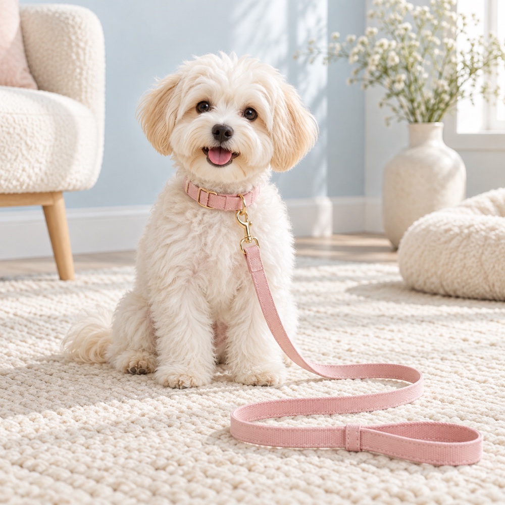 Pink Collar & Leash worn by a cute puppy with the matching leash, illustrative photo