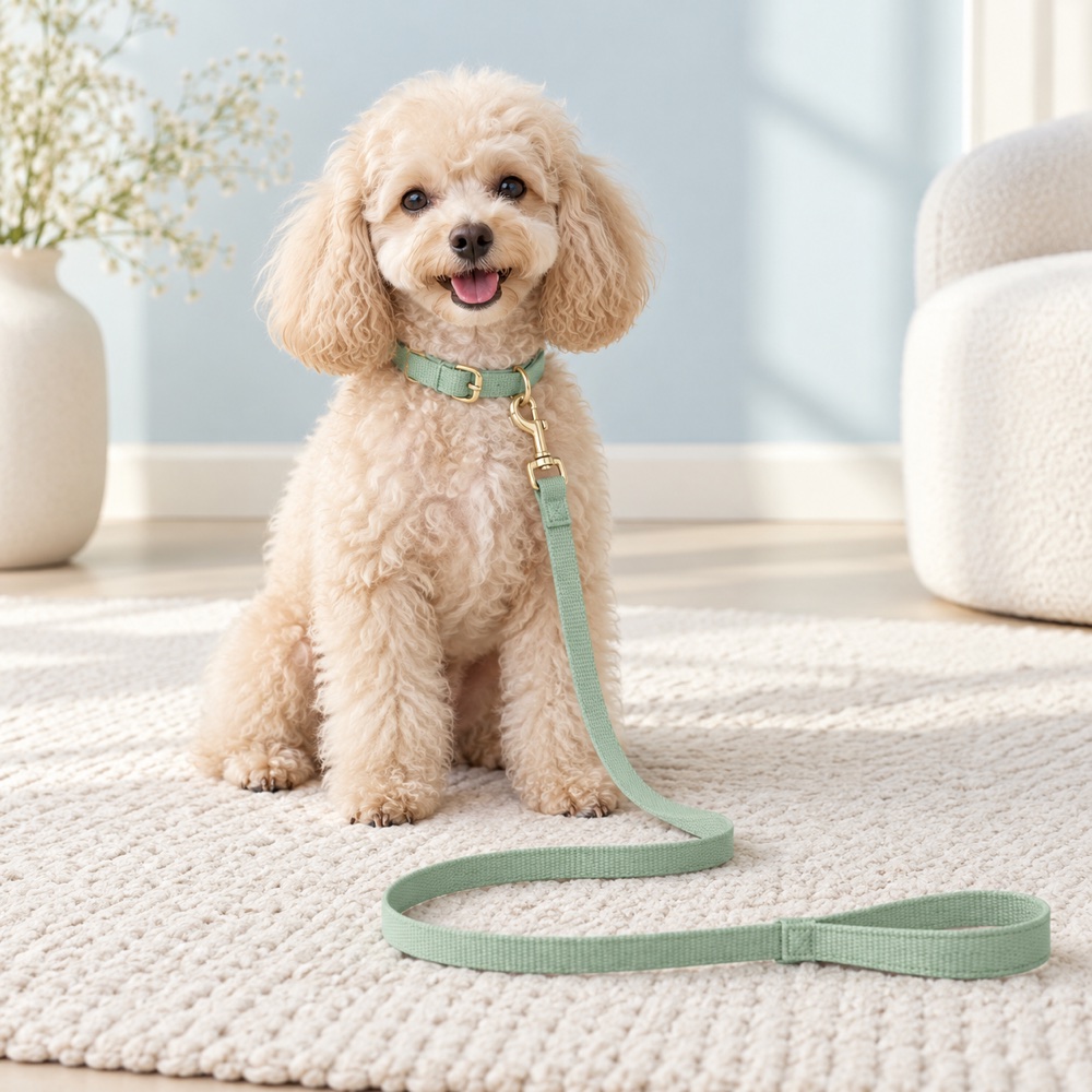 Mint Collar & Leash worn by a cute puppy with the matching leash, illustrative photo