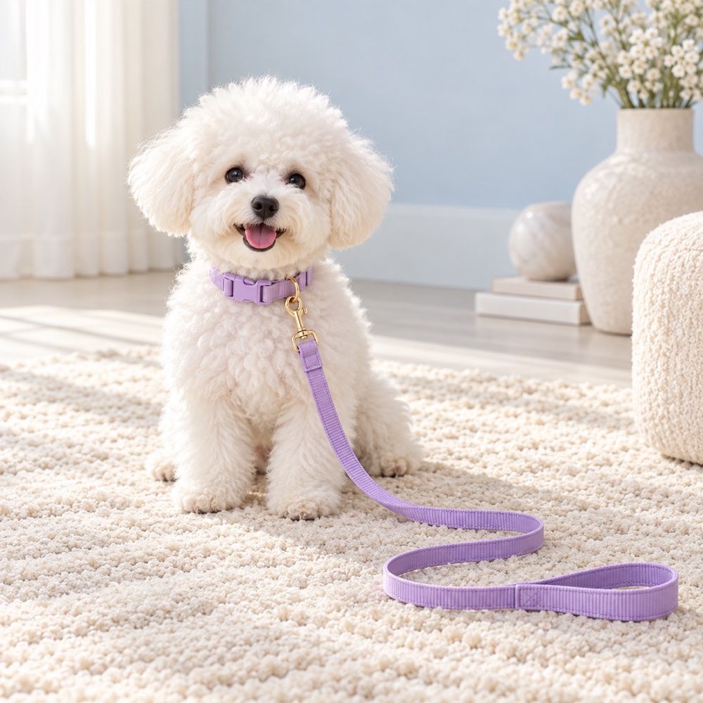 Lilac Collar & Leash worn by a cute puppy with the matching leash, illustrative photo