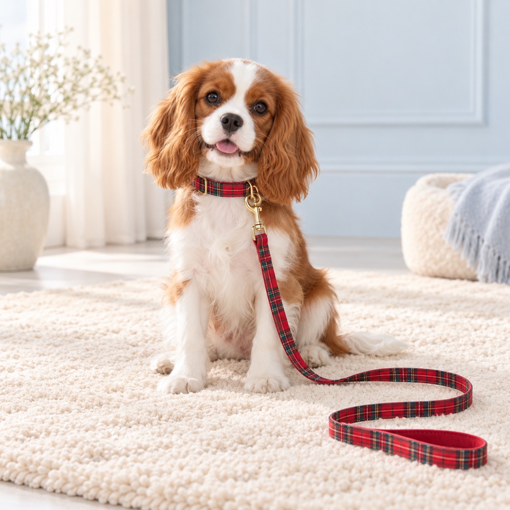 Red Plaid Collar & Leash worn by a cute puppy with the matching leash, illustrative photo