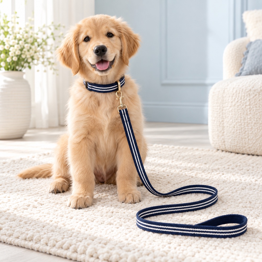 Navy Striped Collar & Leash worn by a cute puppy with the matching leash, illustrative photo