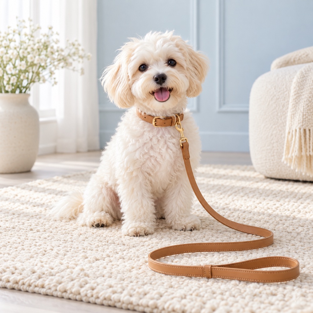 Tan Classic Collar & Leash worn by a cute puppy with the matching leash, illustrative photo