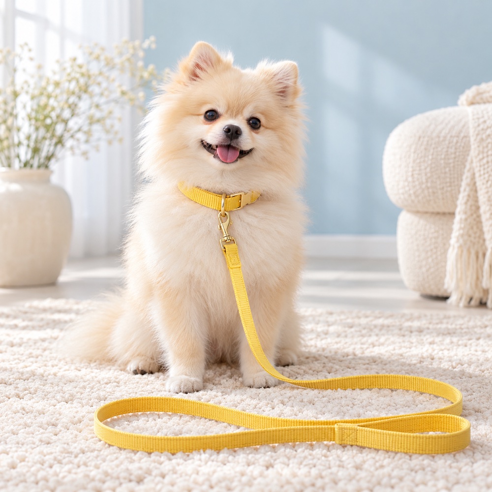 Yellow Collar & Leash worn by a cute puppy with the matching leash, illustrative photo
