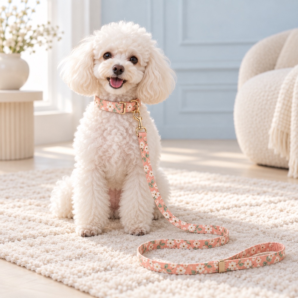 Peach Floral Collar & Leash worn by a cute puppy with the matching leash, illustrative photo