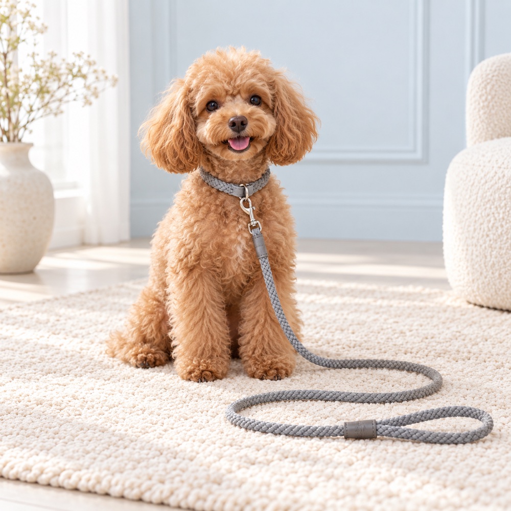 Gray Collar & Rope Leash worn by a cute puppy with the matching leash, illustrative photo