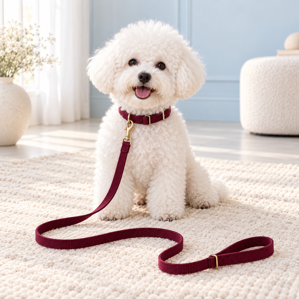 Burgundy Collar & Leash worn by a cute puppy with the matching leash, illustrative photo
