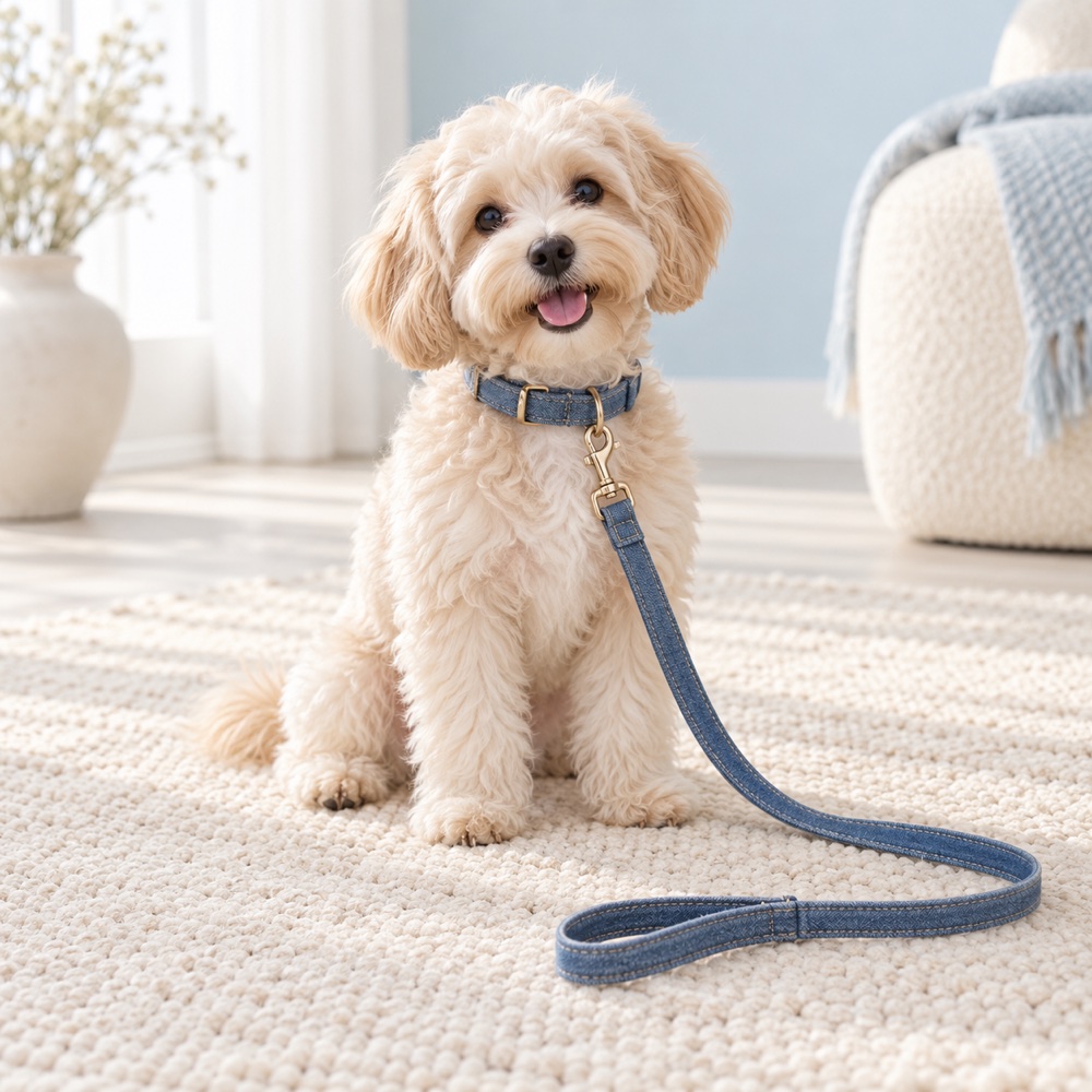 Denim-Blue Collar & Leash worn by a cute puppy with the matching leash, illustrative photo