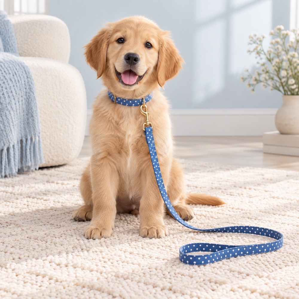 Polka-Dot Collar & Leash worn by a cute puppy with the matching leash, illustrative photo