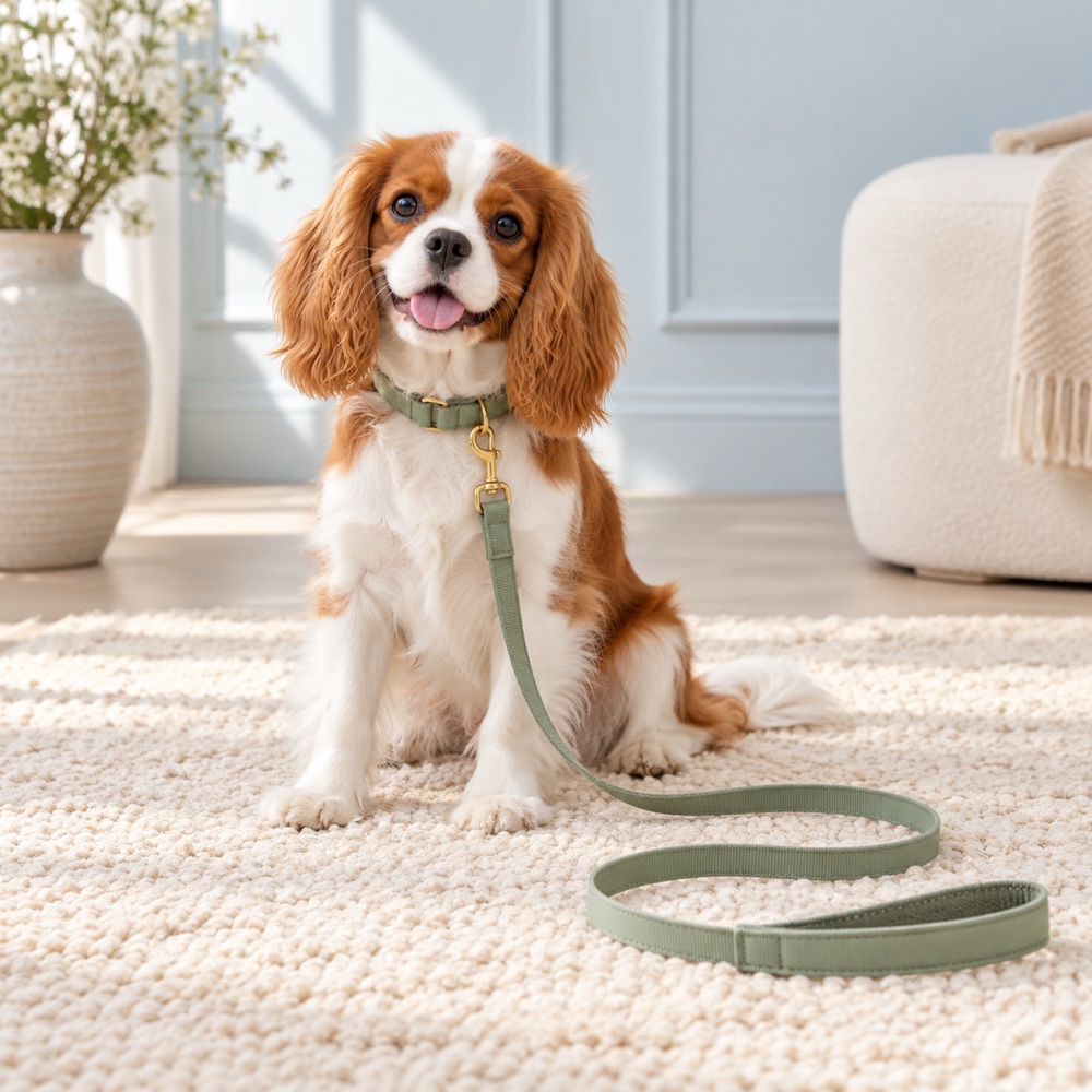 Sage Collar & Leash worn by a cute puppy with the matching leash, illustrative photo