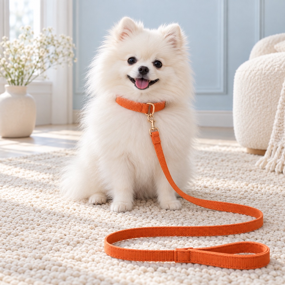 Orange Collar & Leash worn by a cute puppy with the matching leash, illustrative photo