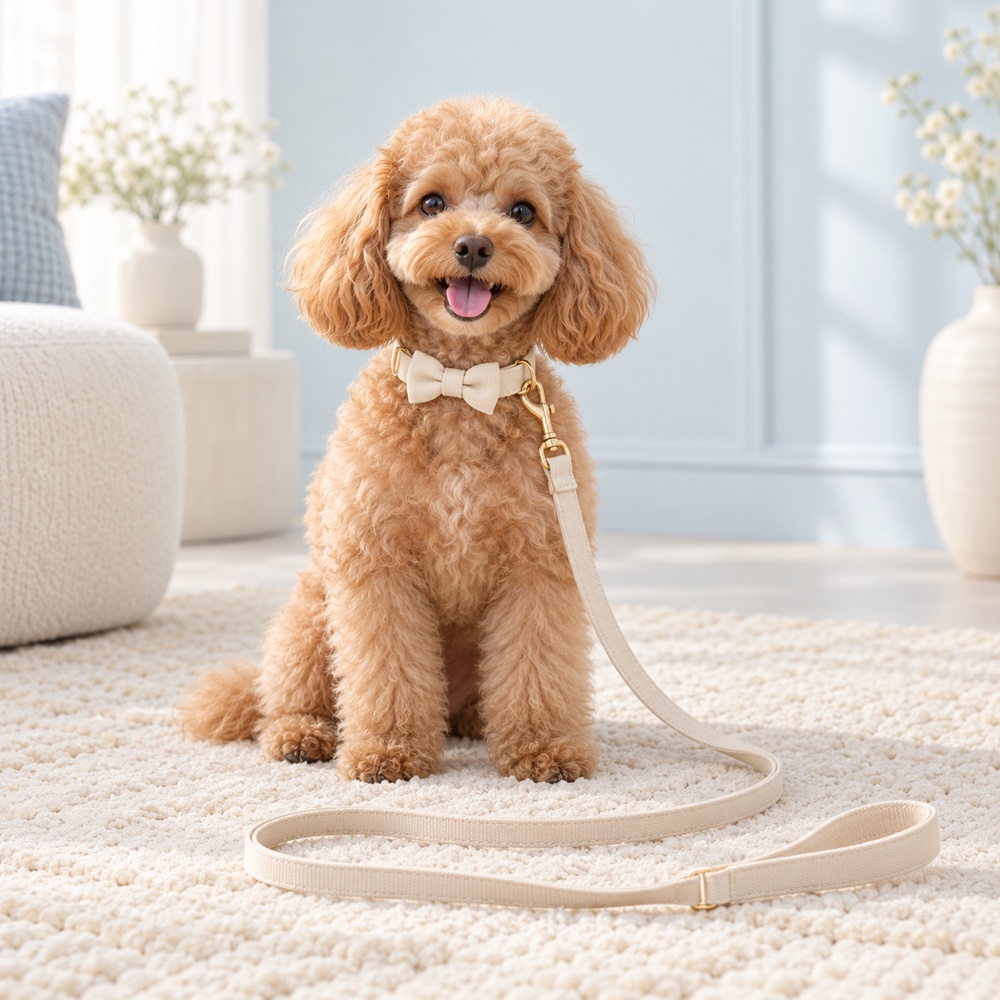Cream Bow Collar & Leash worn by a cute puppy with the matching leash, illustrative photo