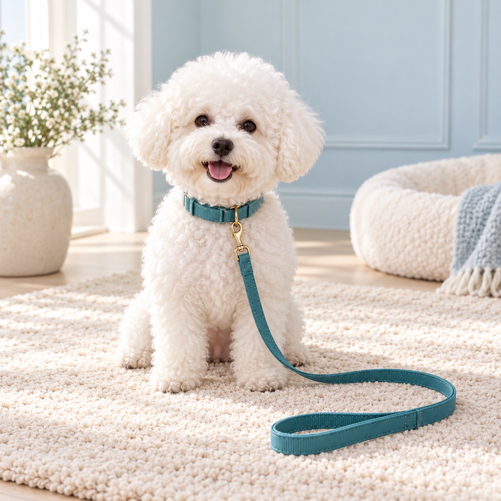 Teal Collar & Leash worn by a cute puppy with the matching leash, illustrative photo